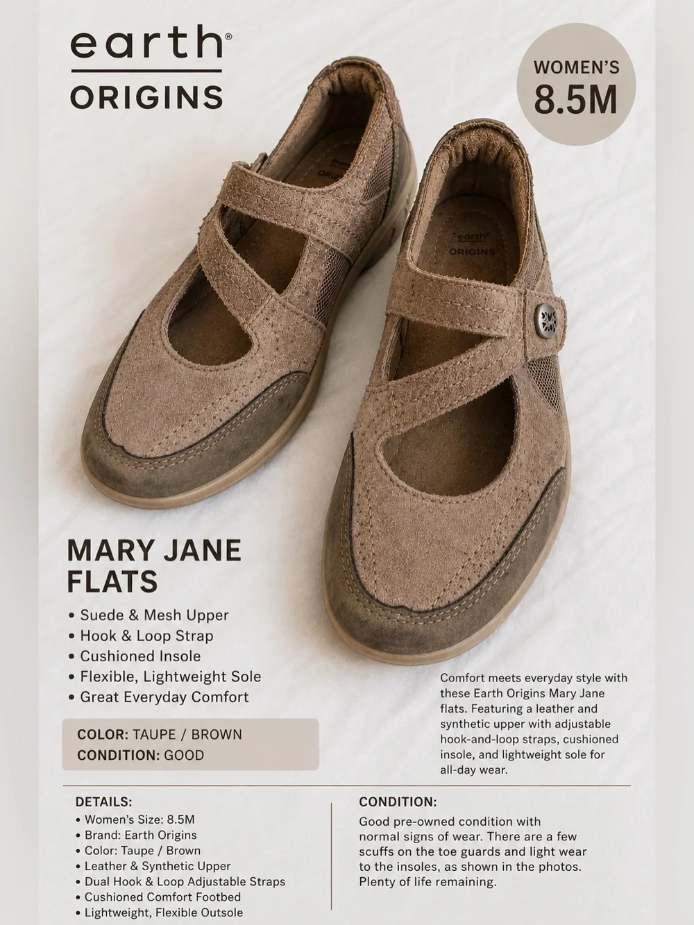 Earth Origins Taupe Leather Mary Jane Comfort Shoes Women’s 8.5